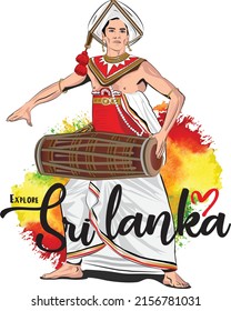 Sri Lankan Traditional Upcountry Kandyan Drummer, Vector illustration. A conceptual theme-Explore Sri Lanka, a tourist promotional advertising campaign