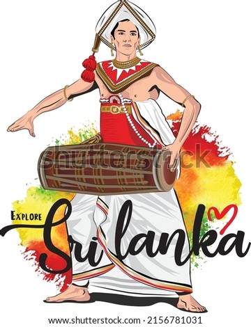 Sri Lankan Traditional Upcountry Kandyan Drummer, Vector illustration. A conceptual theme-Explore Sri Lanka, a tourist promotional advertising campaign