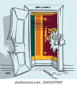 O caminho do Sri Lanka para a liberdade. Ilustração política de uma porta quebrada, mas trancada, com a bandeira nacional. Uma metáfora para luta e esperança.