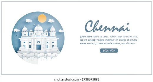 Sri Ramakrishna Math, Chennai, India. World famous landmark with white frame and label. Travel postcard and poster, brochure, advertising Vector illustration.