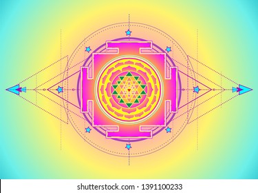 The Sri Yantra or Sri Chakra, form of mystical diagram, Shri Vidya school of Hindu tantra symbol. Sacred geometry vector design element. Vector illustration. Alchemy, occultism, spirituality.