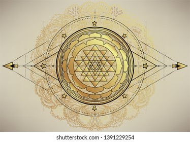 The Sri Yantra or Sri Chakra, form of mystical diagram, Shri Vidya school of Hindu tantra symbol. Sacred geometry vector design element. Vector illustration. Alchemy, occultism, spirituality.