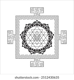 El Sri Yantra, un complejo y poderoso diagrama cósmico hindú. El intrincado patrón de entrelazamiento de triángulos y cuadrados representa las energías divinas del universo. 