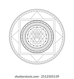The Sri Yantra, a complex and powerful Hindu cosmic diagram. The intricate pattern of interlocking triangles and squares represents the divine energies of the universe.


