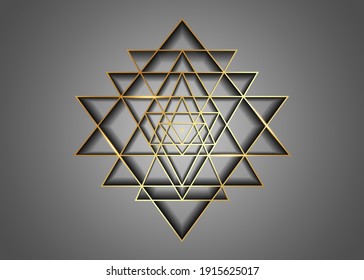 Sri Yantra, Gold Heilige Geometrie, Symbol des Hindu Tantra gebildet von neun miteinander verflochtenen Dreiecken, die von der Mitte ausstrahlen. Alchemy Mandala Linie Kunstzeichen, Vektorgrafik einzeln auf grauem Hintergrund