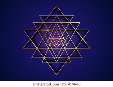 Sri Yantra, Gold Sacred geometry, symbol of Hindu tantra formed by nine interlocking triangles that radiate out from the central point. Alchemy Mandala line art sign vector isolated on blue background