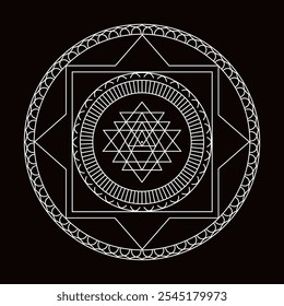 "Sri Yantra, a sacred geometric diagram, embodies cosmic energy and balance through intricate, symmetrical patterns. Revered in spiritual practices, it's ideal for meditation spaces.
