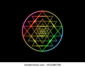 Sri Yantra, Heilige Geometrie, Farben des Chakras-Symbols von Hindu Tantra gebildet von neun miteinander verflochtenen Dreiecken, die von der Mitte ausstrahlen. Alchemy Mandala Linie Kunstzeichen, Vektorgrafik einzeln 