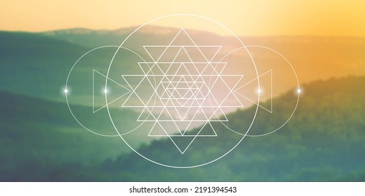 Sri Yantra sacred geometry spiritual new age futuristic illustration with interlocking circles, triangles and glowing particles in front of blurry natural photographic background