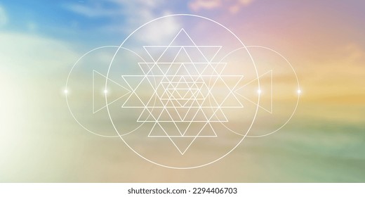 Sri Yantra. Heilige Geometrie spirituelle neue Zeitalter futuristische Illustration mit transmutationsübergreifenden Kreise, Dreiecken und leuchtenden Teilchen