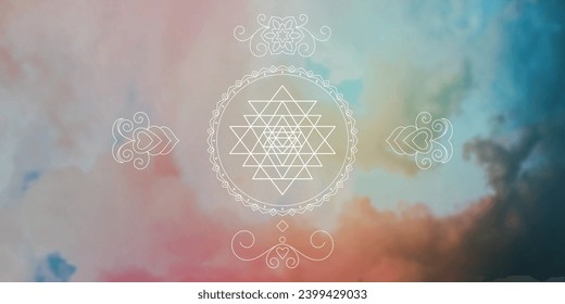 Sri Yantra. Sacred geometry spiritual new age futuristic illustration with transmutation interlocking circles, triangles and glowing particles
