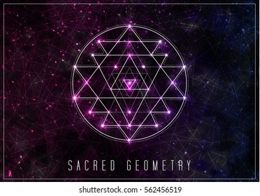 Sri yantra. Sacred geometry vector design element. Alchemy, hipster sacred symbols on a abstract cosmic background with shining stars and color squares.