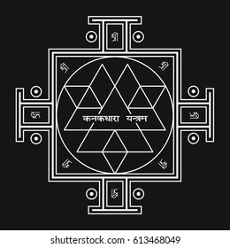 Sri Yantra - symbol of Hindu tantra formed by interlocking triangles that radiate out from the central point. Sacred geometry. Vector black outline illustration of mystical diagram.