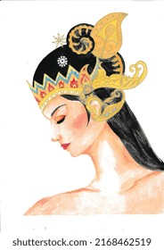Srikandi Wayang Watercolor Illustration Side Profile with Crown Traditional - Indonesia Culture