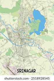 Cartel de mapa artístico de Srinagar, India