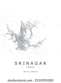 Srinagar vector print map. Detailed map of Srinagar in India. Best free vector illustration. Tourist decorative minimalist street map.