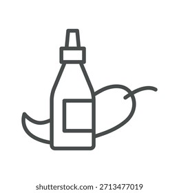 Icono de salsa Sriracha. Ilustración de línea delgada de una botella de salsa picante y pimiento picante, que simboliza el condimento picante de Sriracha, salsa de ajo de chile y cocina asiática. Signo de Vector de contorno aislado.
