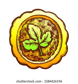 Sriracha Sauce With Parsley In Bowl Retro Vector. Hot Chili Pepper Sauce Distilled Vinegar, Garlic, Sugar And Salt. Engraving Concept Template Hand Drawn In Vintage Style Color Illustration