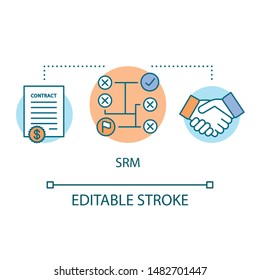 SRM concept icon. Supplier relationship management idea thin line illustration. Planning and managing. Partnership and company management. Vector isolated outline drawing. Editable stroke