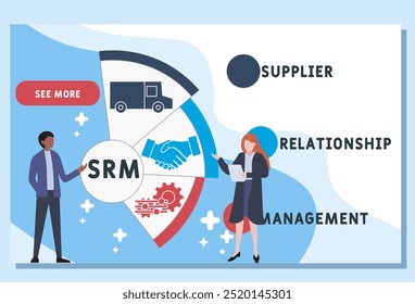 SRM - sigla de gerenciamento de relacionamento com fornecedores. plano de fundo do conceito de negócios. conceito de ilustração vetorial com palavras-chave e ícones. ilustração de letras com ícones para banner da Web, folheto, landing