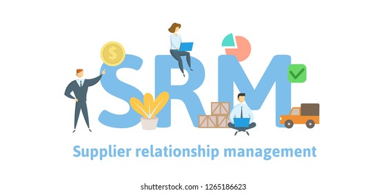 SRM, supplier relationship management. Concept with keywords, letters and icons. Colored flat vector illustration. Isolated on white background.