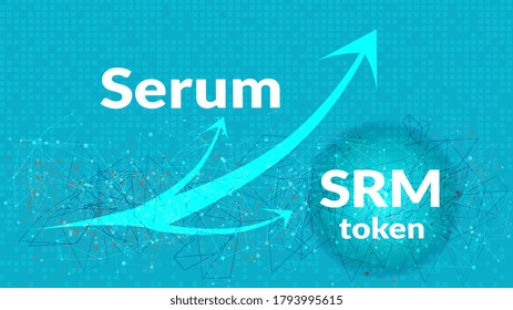 SRM token of the Serum project with upward arrows on a blue abstract background. Decentralized derivatives management. Vector EPS10.