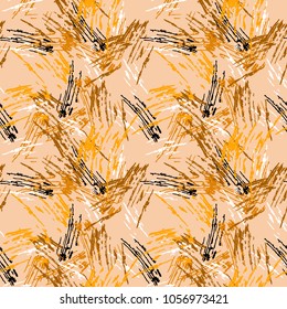 Sroked vector seamless pattern. Beige background with black, yellow and white chaotic stripes. Abstract backdrop, wallpaper, print for clothes or wrapping paper