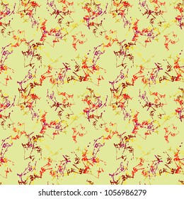 Sroked vector seamless pattern. Green background with red, magenta and yellow chaotic stripes. Abstract backdrop, wallpaper, print for clothes or wrapping paper