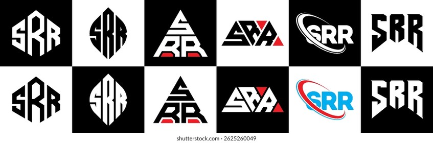 SRR letter logo design in six style. SRR polygon, circle, triangle, hexagon, flat and simple style with black and white color variation letter logo set in one artboard. SRR minimalist and classic logo
