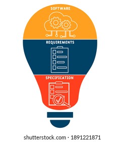 SRS - acrónimo de especificación de requisitos de software. fondo de concepto de negocio.  concepto de ilustración vectorial con palabras clave e iconos. ilustración con iconos para banner web, volante, aterrizaje