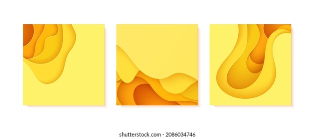 Srt of abstract yellow square flyers in cut paper style. Cutout orange wallpaper. Wavy template for save the Earth posters, eco brochures, business presentations. Vector card illustration.