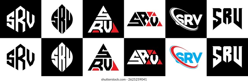 SRV letter logo design in six style. SRV polygon, circle, triangle, hexagon, flat and simple style with black and white color variation letter logo set in one artboard. SRV minimalist and classic logo