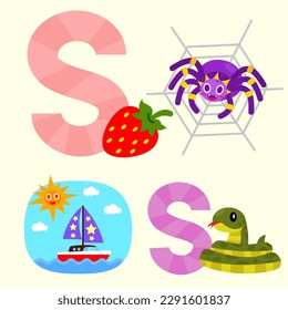 Ss alphabet picture Sun Strawberry Sailboat Star Spider Snake vector cartoon graphic