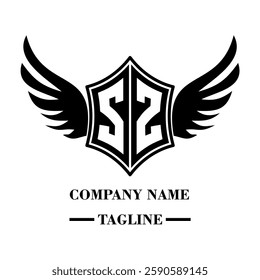 SS bold shield logo with wings, customizable with letters A to Z. Perfect for brands seeking a powerful symbol of strength, freedom, and ambition