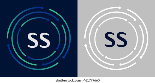 SS design template elements in abstract background logo, design identity in circle, letters business logo icon, blue/green alphabet letters, simplicity graphics