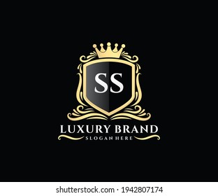SS Letra inicial, texto dorado con monograma heráldico con mano floral femenina, diseño de logotipo de lujo de estilo antiguo vintage.