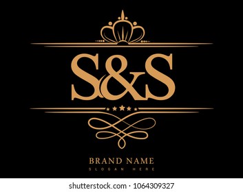 S&S Initial logo, Ampersand initial logo gold with crown and classic pattern