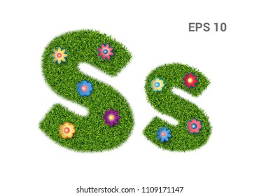 Ss - letters of the alphabet with grass texture. Moorish lawn with flowers. Symbol of summer, ecology. Isolated on white background. Vector illustration