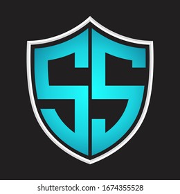 Monograma del logotipo SS con forma de escudo color azul aislado en la plantilla de diseño de esquema