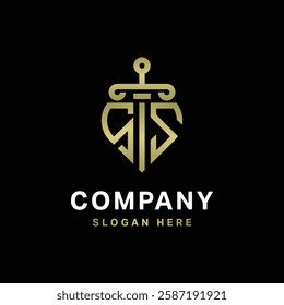 SS Logo monogram with sword and shield combination isolated with gold colors