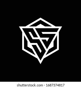 Monograma del logotipo SS con combinación de forma triángulo y hexagón aislados en colores dorados y blancos