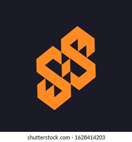SS monogram logo. Geometric style typographic icon.Company lettering sign.Orange color alphabet initials isolated on dark background.Abstract letter s.Modern design, web, corporate characters shape.