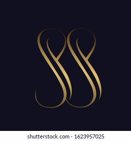 SS monogram logo.Decorative style typographic icon.Lettering sign. Alphabet initials in gold metallic color isolated on dark background.Abstract luxury letter s.Beauty,boutique,elegant characters.