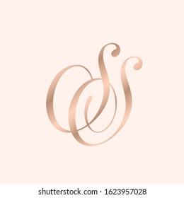 SS monogram logo.Decorative style typographic icon.Lettering sign. Alphabet initials in rose gold metallic color isolated on light background.Abstract luxury letter s.Beauty,elegant characters.