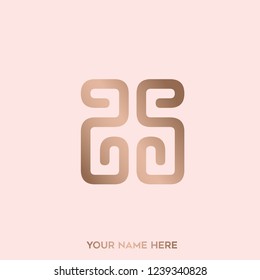 SS monogram logo.Lettering icon in rose gold metallic color isolated on light pink background.Geometric typographic sign with letter s.