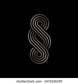 SS monogram logo.Typographic icon with double letter s.Lettering sign.Intertwined lines.Uppercase alphabet initials in golden metallic color isolated on dark background.Beauty,luxury style character.