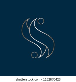 SS monogram logo.Vector icon containing letter s in decorative style.Line art  lettering in shiny golden metallic color isolated on dark background.