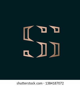 SS monogram.Typographic logo with double letter s made of geometric elements.Overlapped uppercase initial lettering icon in rose gold metallic color isolated on dark background.Modern, luxury style.