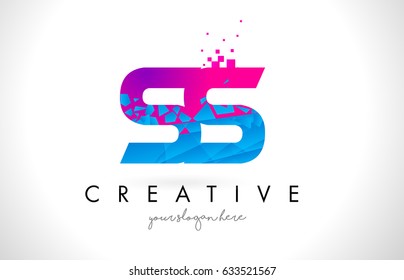 SS S S Letter Logo with Broken Shattered Blue Pink Triangles Texture Design Vector Illustration.