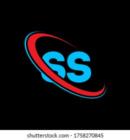 Diseño del logo de la carta de SS S. Letra inicial del logotipo del monograma superior del círculo vinculado SS rojo y azul. Logo de SS, diseño de S. 6.º espiga